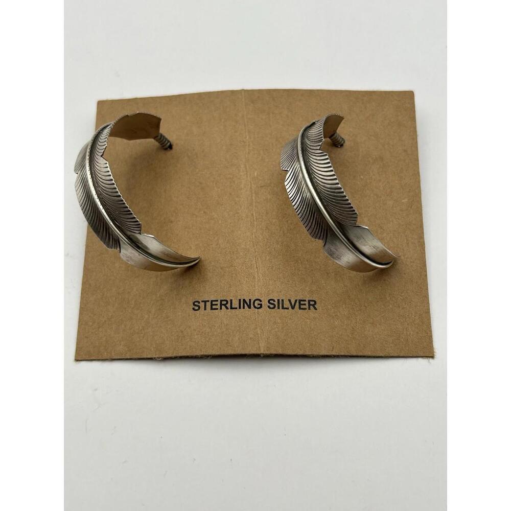 Native American Sterling Silver Navajo Handmade Old Look Feather Hoop Earring